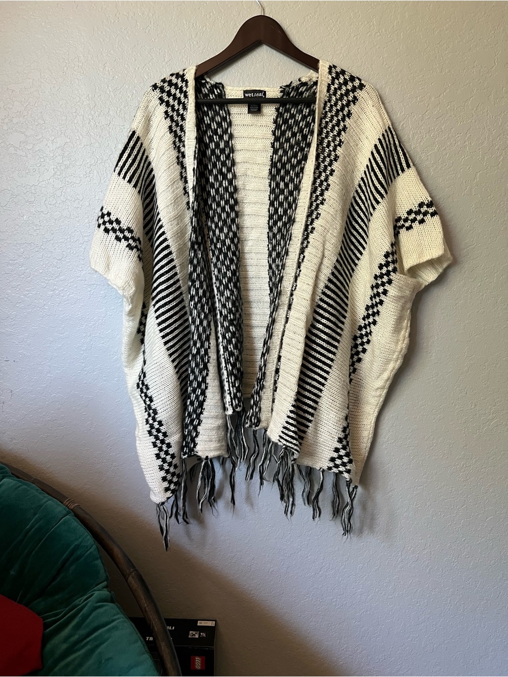 Wet Seal Cream & Black Fringe Knit Poncho Cardigan